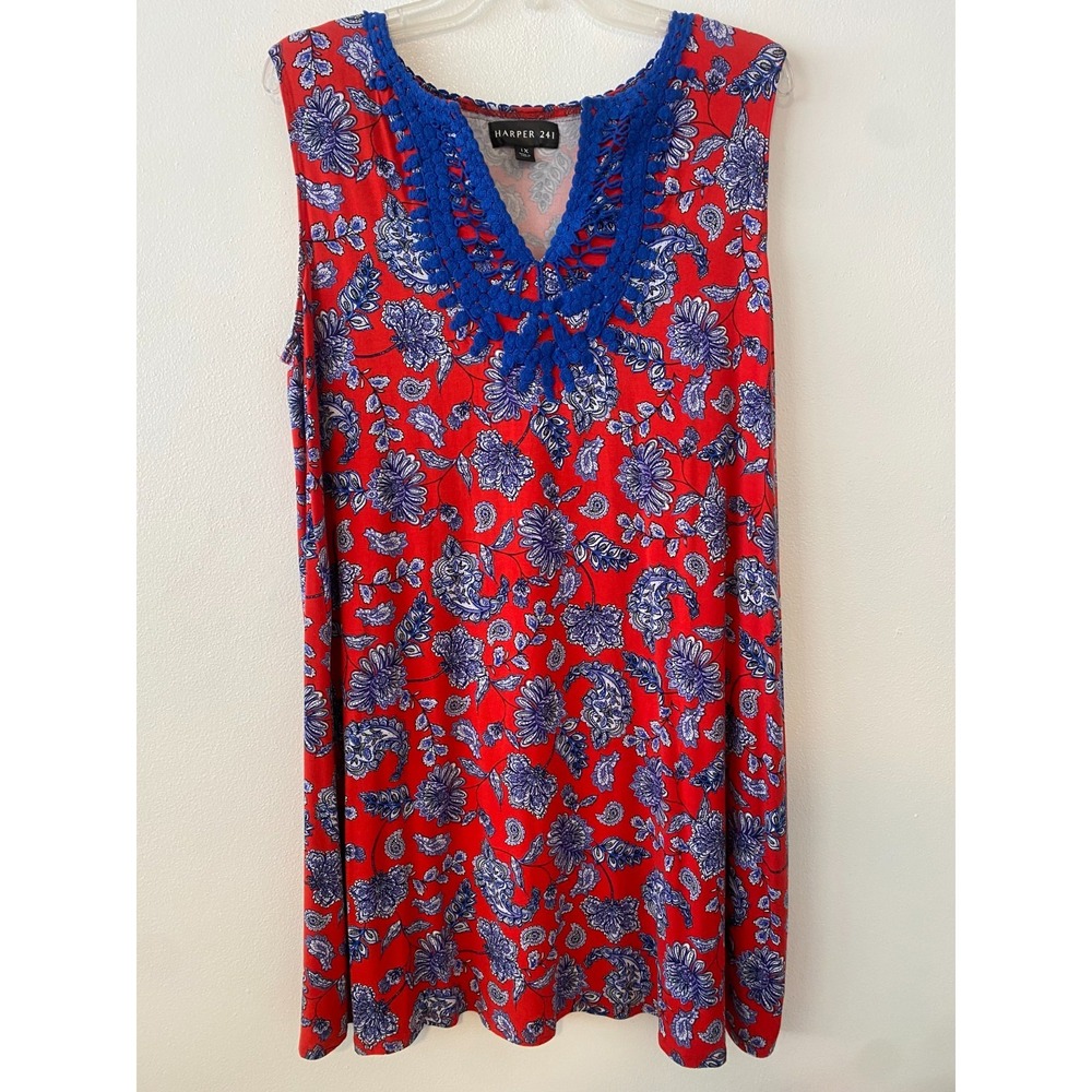 Harper 241 Dress Womens Size 1X Red Blue PAISLEY Knee Length Embroidered V Neck